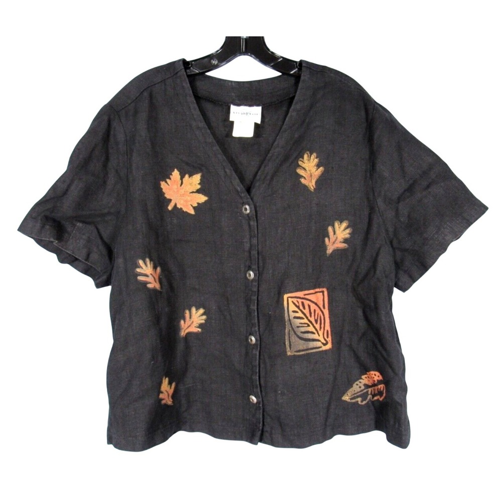 STUDIO EASE Black w/Brown Leaf Block Print V-NECK Button-Up LINEN BLOUSE TOP 18W